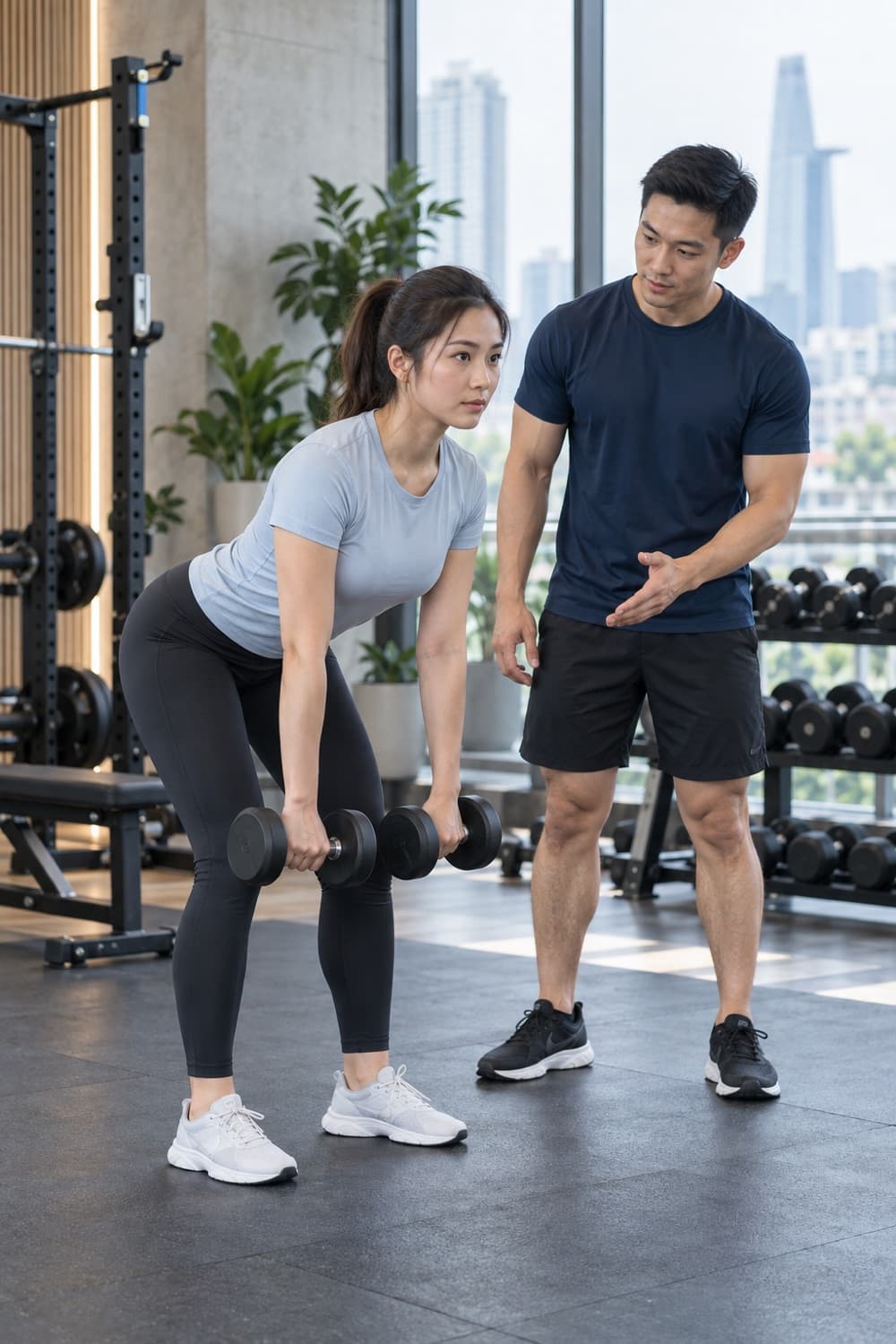 Huấn luyện viên nam hướng dẫn học viên nữ tập Romanian deadlift với tạ đơn