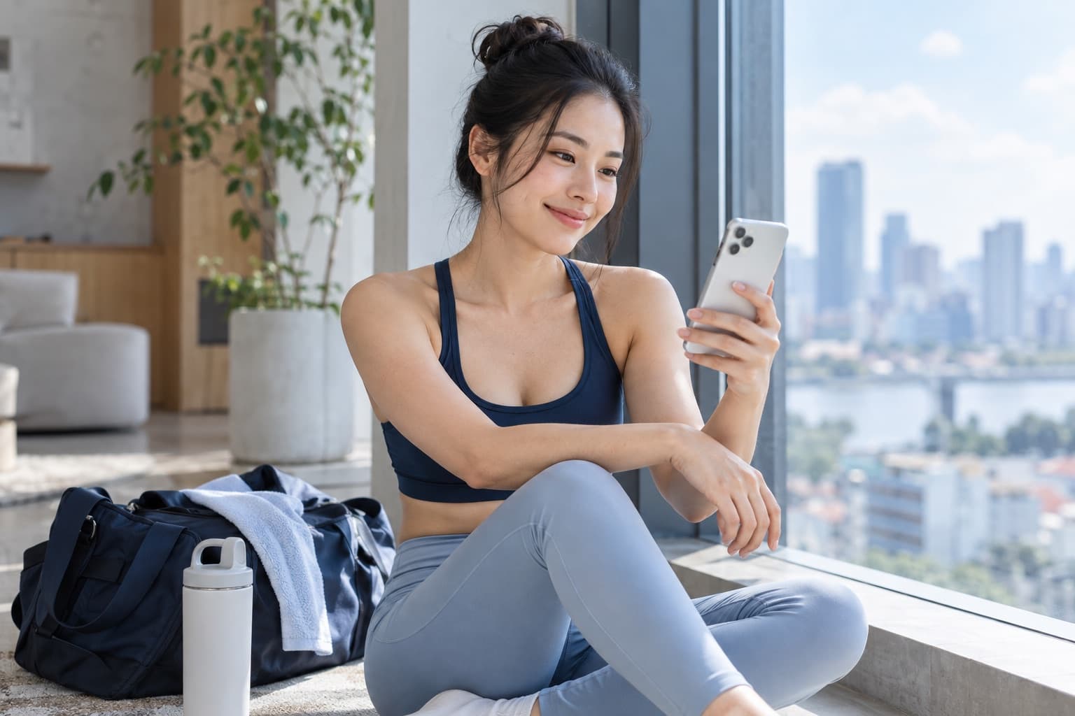 Một học viên ngồi bên cửa sổ xem hồ sơ PT trên điện thoại