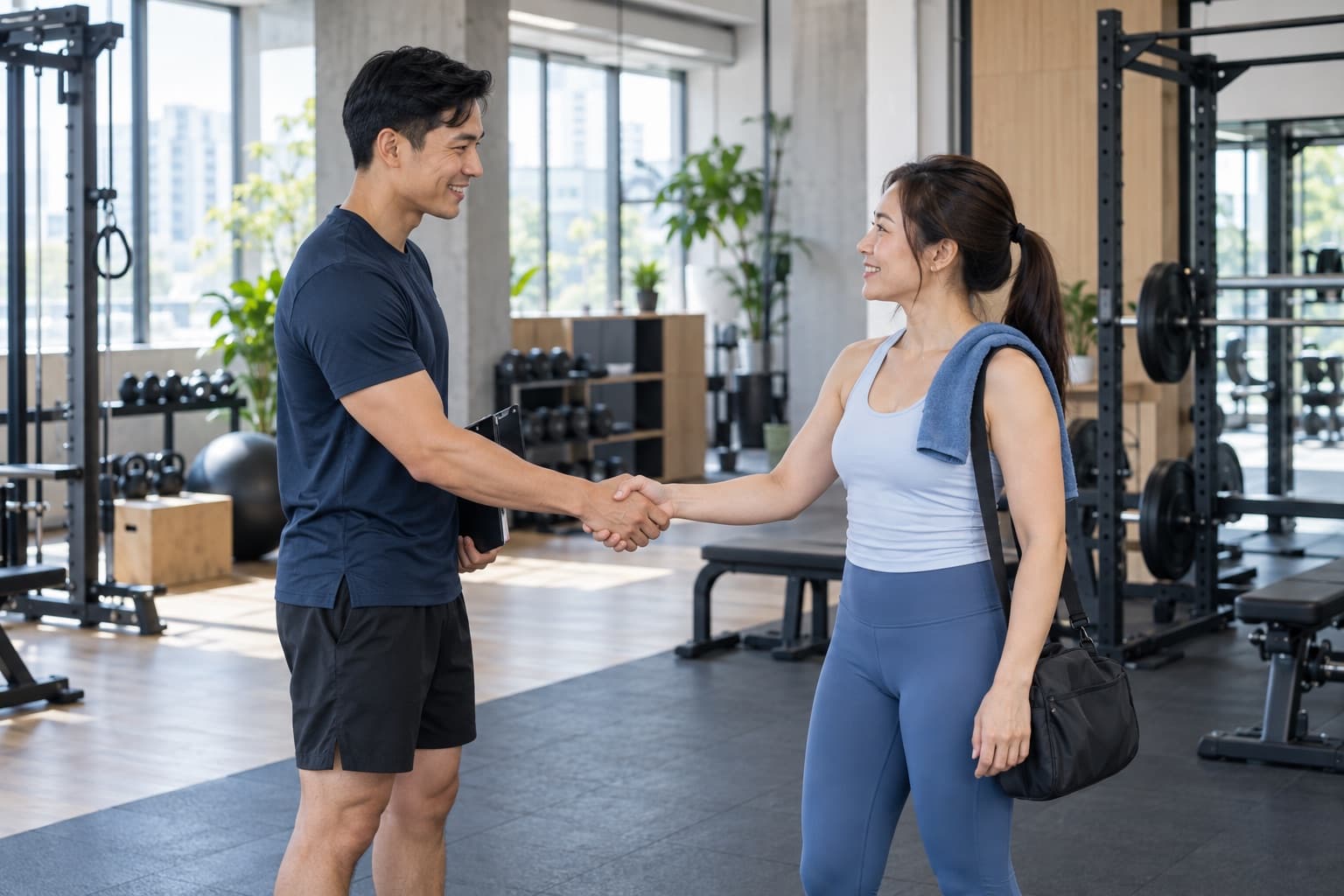 PT và học viên bắt tay trước buổi tập thử