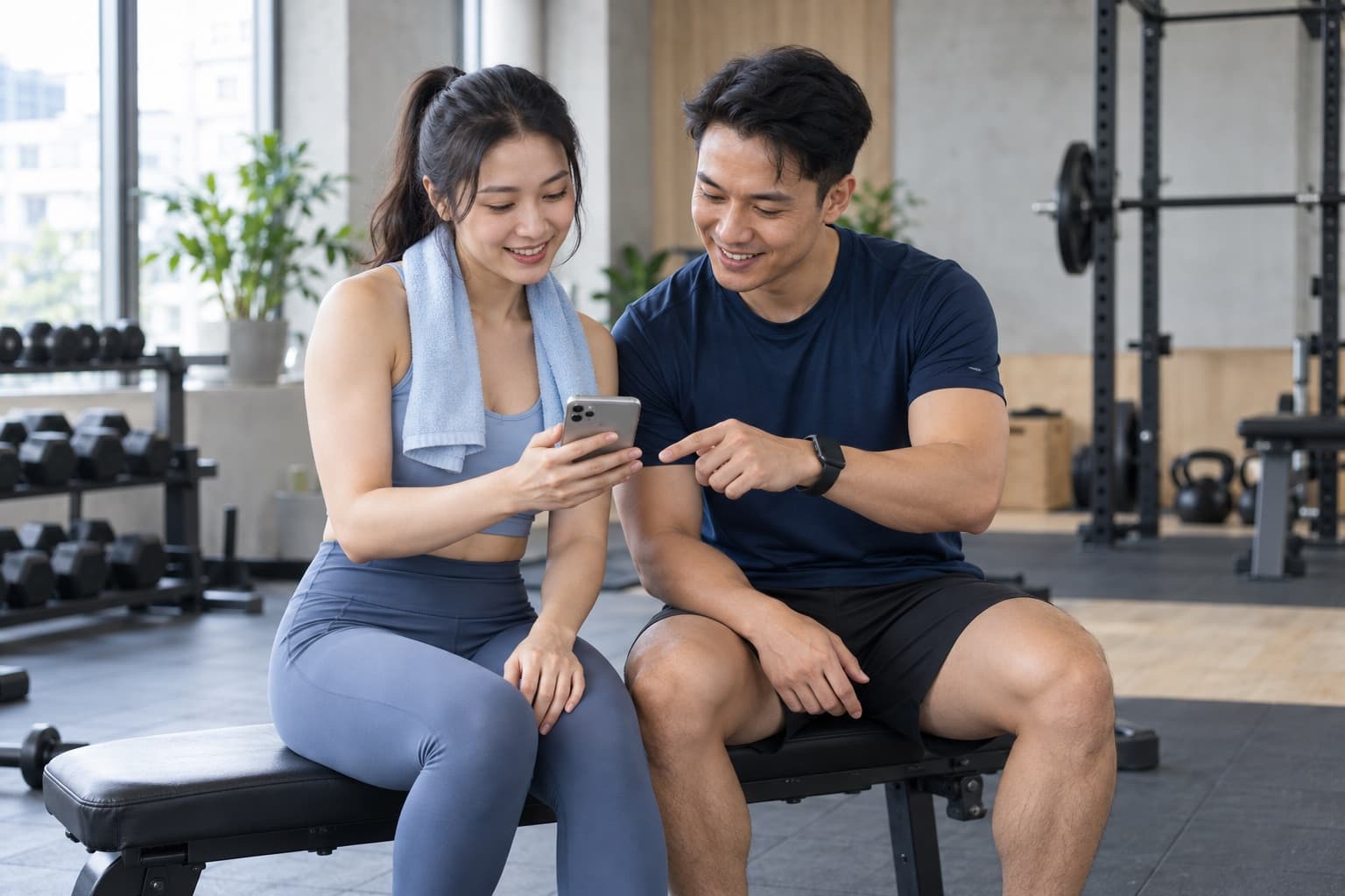 PT và học viên ngồi cùng xem lịch tập trên điện thoại