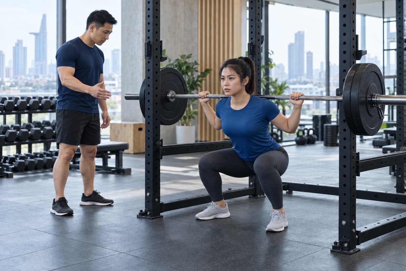 PT nam đứng cạnh khung tạ quan sát học viên nữ squat với thanh đòn